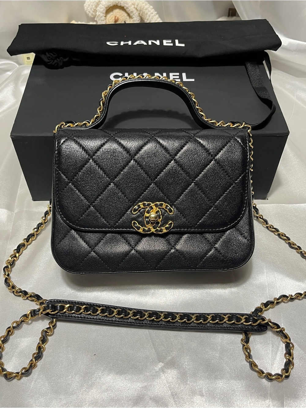CHANEL Black Quilted Top-Handle Shoulder Bag with Gold Chain